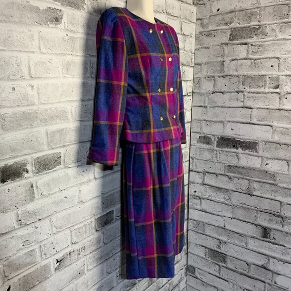 Vintage 80s Plaid Double Breasted Blazer Skirt Set Small Purple Blue Handmade - Picture 4 of 16